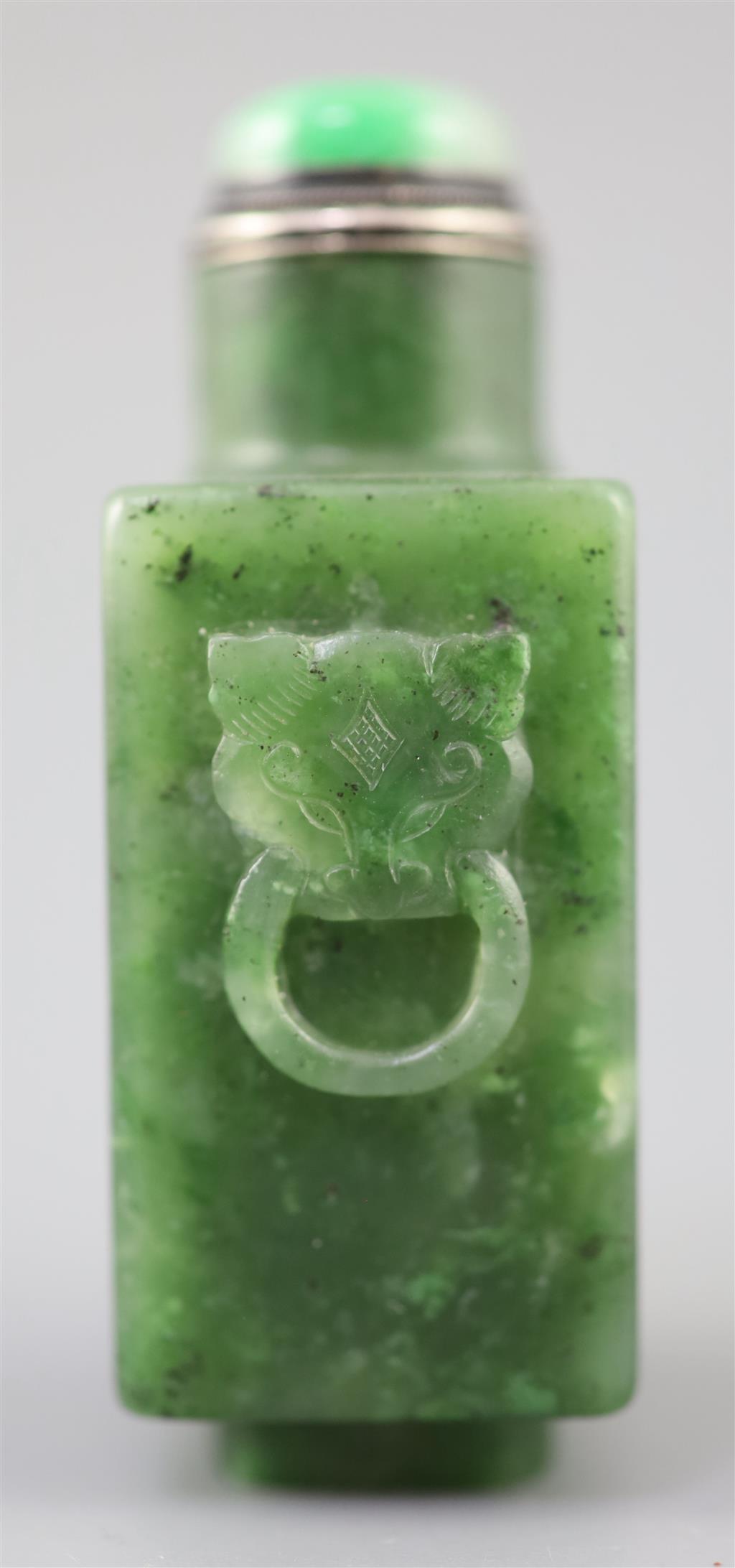 A good Chinese spinach green jade rectangular snuff bottle, 18th/19th century, total height 6.8cm